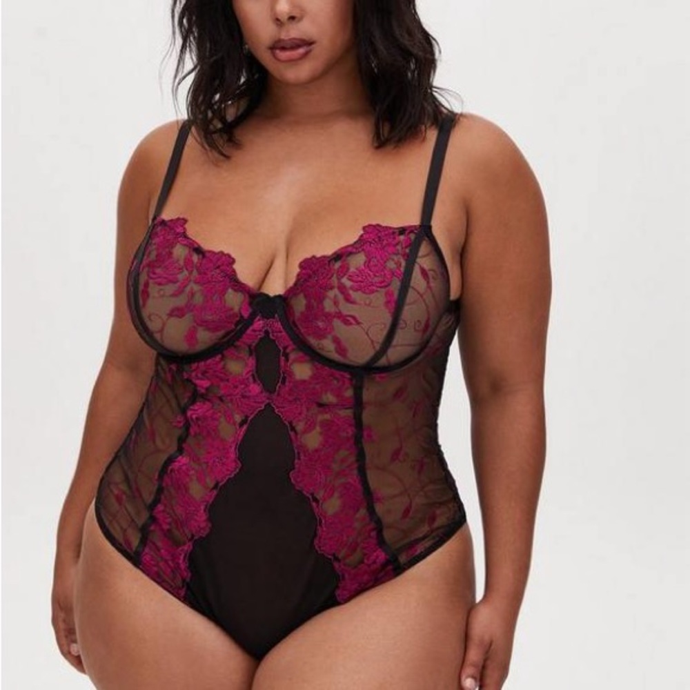 Torrid Black and Pink Lace Bodysuit